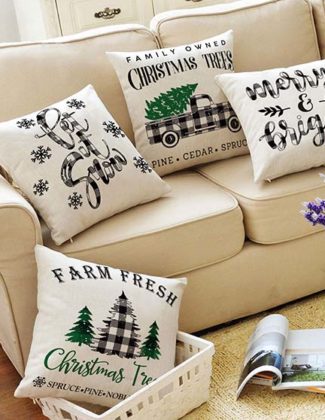 AVOIN Christmas Black and White Buffalo Plaid Throw Pillow Cover, 18 x 18 Inch Holiday Saying Farmhouse Linen Cushion Case for Sofa Couch Set of 4 holiday pillows