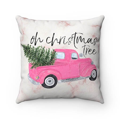 DeLuxeNoirDesigns Pink Christmas Tree Truck Rose Gold Marble Throw Pillow blush pink holiday decor