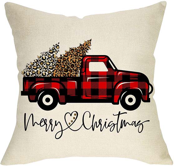 FBCOO MERRY CHRISTMAS DECORATIVE THROW PILLOW Red Black Buffalo Check Leopard Print Truck
