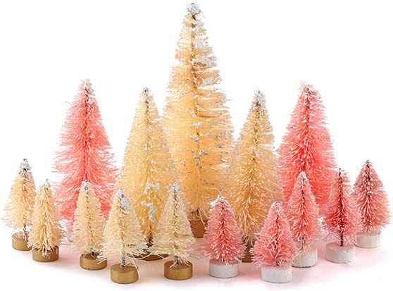 Factory Direct Craft Set of 15 Frosted Cream and Pink Assorted Size Miniature Sisal Bottle Brush Trees