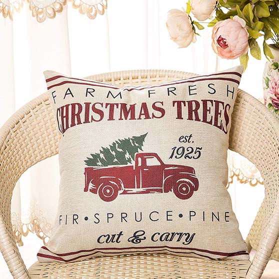 Fahrendom Rustic Farmhouse Style Farm Fresh Christmas Trees Red Vintage Truck with Trees Decorative Throw Pillow Case 
