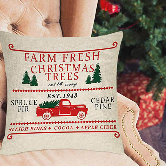 Fbcoo Farm Fresh Christmas Throw Pillow Cover, Xmas Trees Decorative Cushion Case Red Truck Sign, Rustic Farmhouse Winter Holiday Decoration Home Square Pillowcase farmhouse holiday pillows