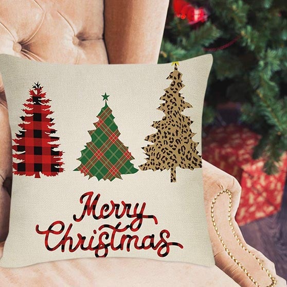 Fbcoo Merry Christmas Throw Pillow Cover, Xmas Trees Decorative Cushion Case Buffalo Plaid Farmhouse Winter Holiday Decoration Home Square Pillowcase Leopard Buffalo Check Plaid holiday throw pillows