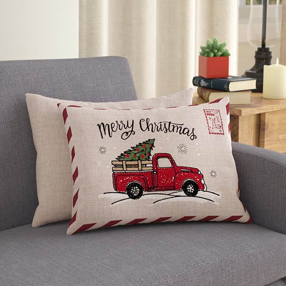 Gracie Oaks Shop Ketan Truck Christmas Lumbar Pillow farmhouse holiday pillows
