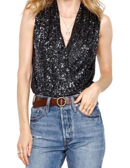 HEARTLOOM Selena Sequin V-Neck Faux Wrap Tank Gunmetal silver holiday tops