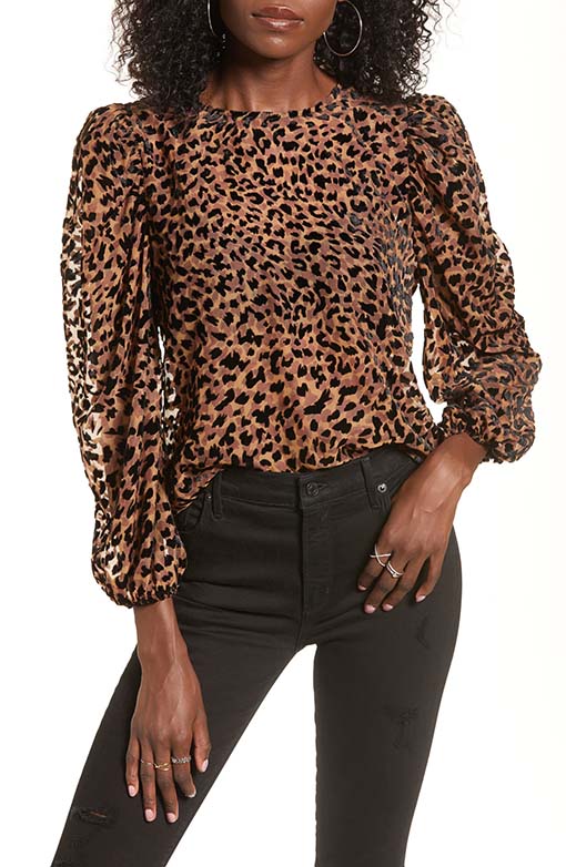 J.O.A. Puff Sleeve Burnout Top Brown Leopard Print tops holiday parties party