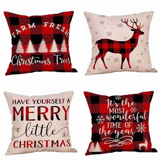 Jartinle 4 Pack Farmhouse Christmas Red Black Buffalo Plaids Throw Pillow Case Have Yourself A Merry Little Christmas Quotes Deer Snowflake Xmas Trees Holiday Decorative Cushion Cover Cotton Linen 18x18 Inch farmhouse holiday pillows