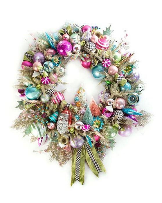 MacKenzie-Childs Home Sweet Snow Wreath Ornaments Pink Green Courtly Check Bottle Brush Trees holiday wreaths Santa Claus