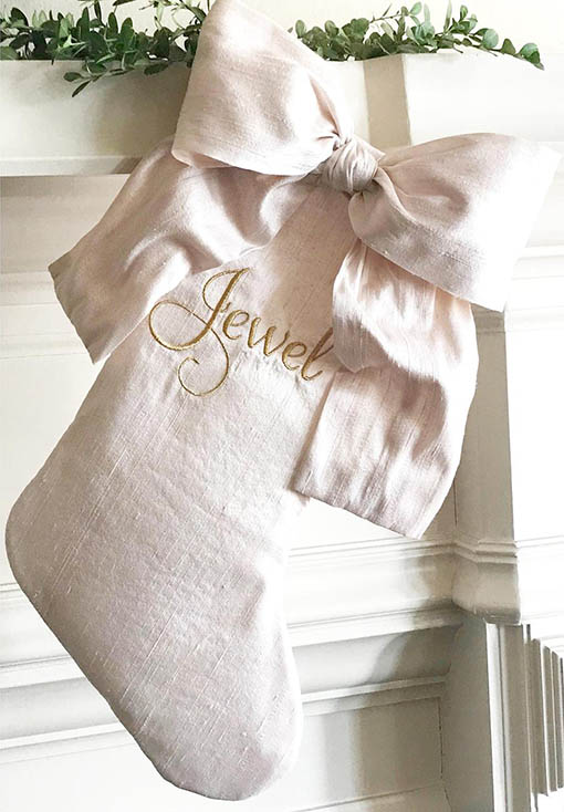 Marysville Linen Co. Silk Bow BLush Christmas Stocking luxury monogrammed blush pink holiday decor
