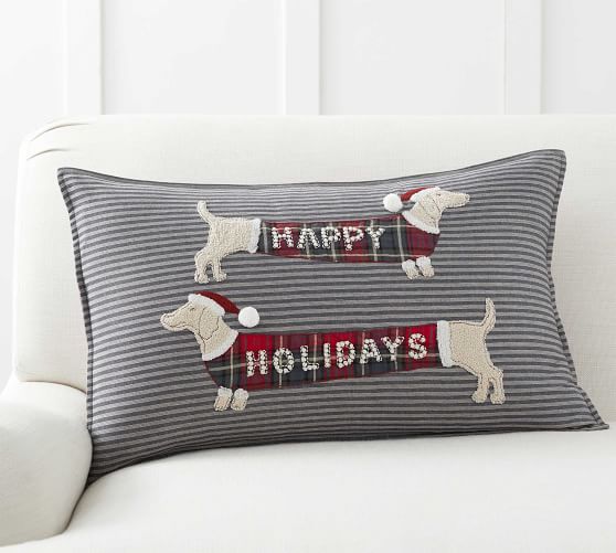 Pottery Barn CHRISTMAS DOXIE DOG STRIPED PILLOW COVER plaid stripes farmhouse inspired holiday pillows