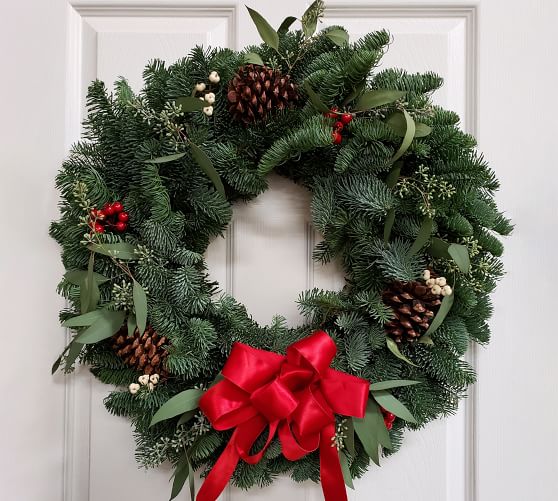 Pottery Barn FRESH DOUGLAS FIR MIXED HOLIDAY WREATH WITH BOW holiday wreaths