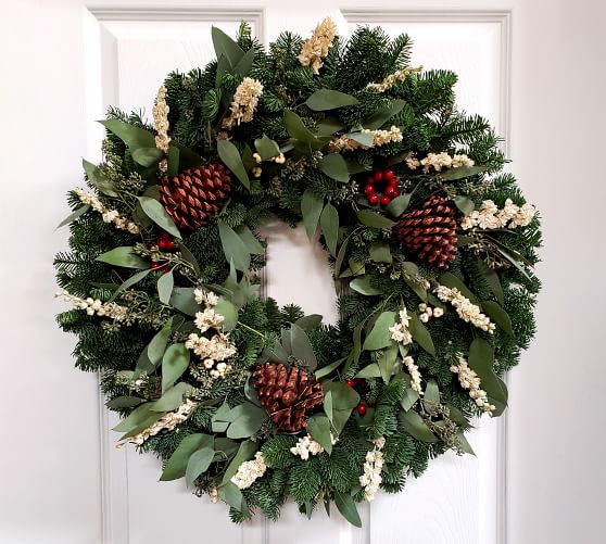 Pottery Barn FRESH FIR, EUCALYPTUS & LARKSPUR WREATH holiday wreaths