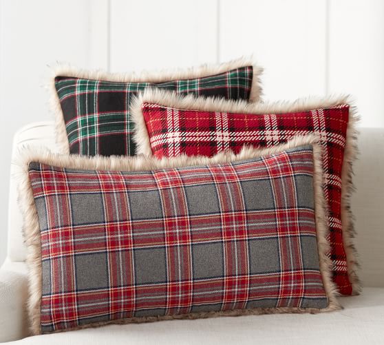 Pottery Barn NOTTINGHAM PLAID WITH FAUX FUR BACK PILLOW COVER farmhouse holiday throw pillows 