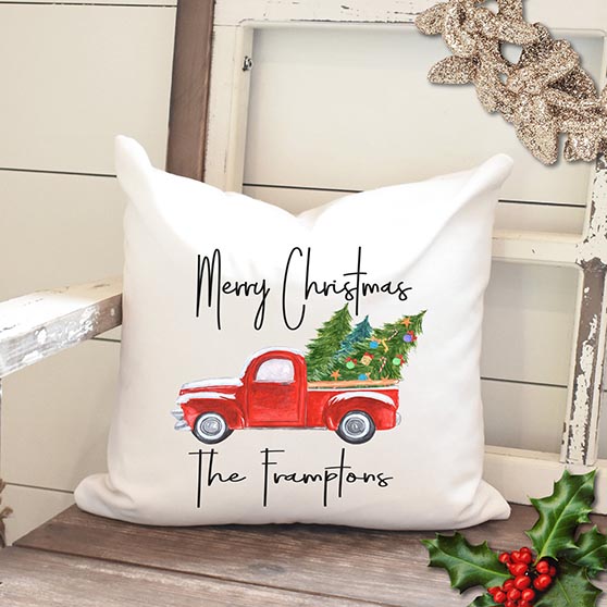 Rose and Roxie Red Truck Christmas Pillow personalized name farmhouse holiday throw pillows