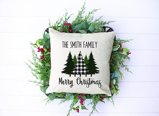TheRosemaryCottage Holiday Pillows Merry Christmas Trees buffalo check farmhouse inspired