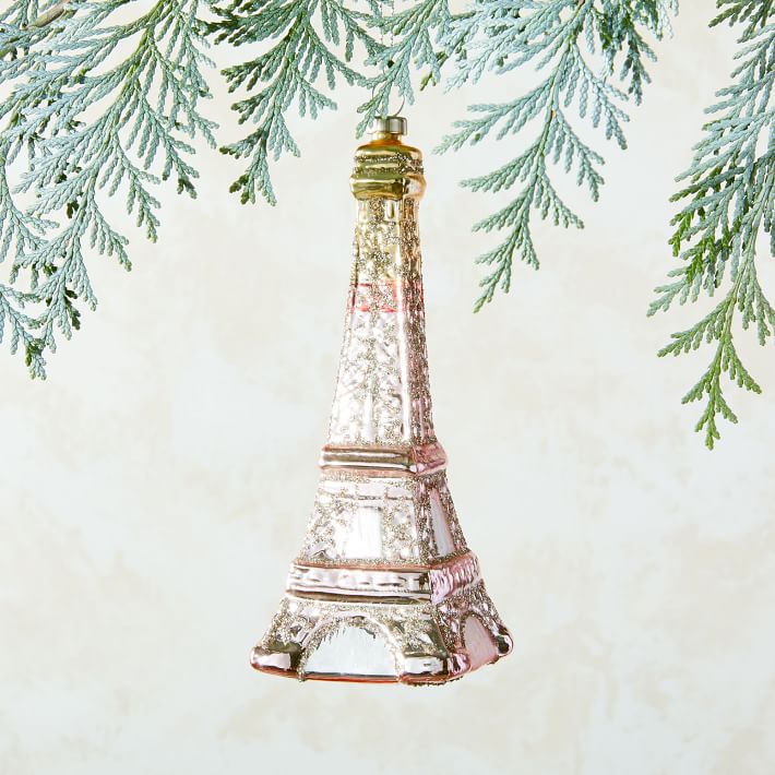 West Elm Eiffel Tower Glass Ornament blush pink holiday decor christmas