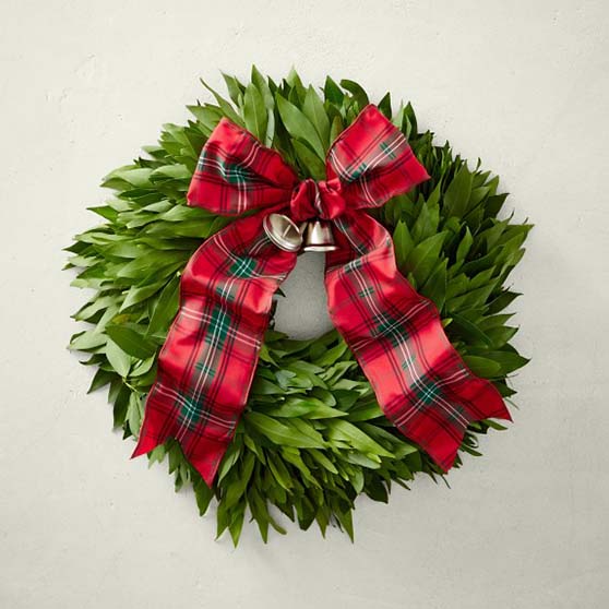 Williams-Sonoma Bay Leaf Wreath with Tartan Ribbon holiday wreaths bells