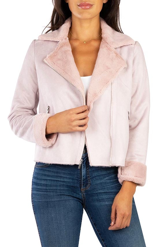 KUT FROM THE KLOTH Candece Bonded Faux Shearling Moto Jacket Blush Pink