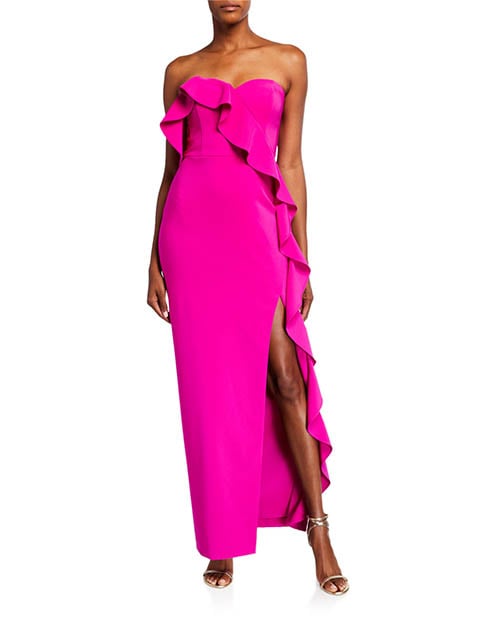 Aidan by Aidan Mattox Strapless Cascading Flounce Crepe Column Dress Magenta ruffled strapless dresses 