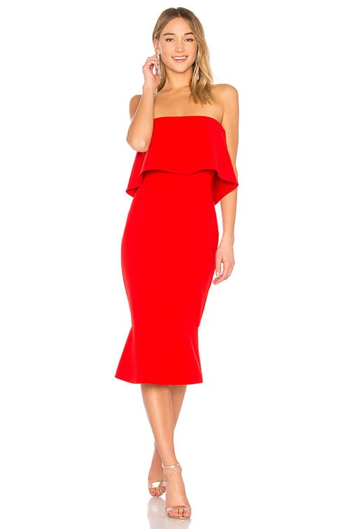 LIKELY Conrad Dress Scarlet strapless dresses ruffled bodice hem