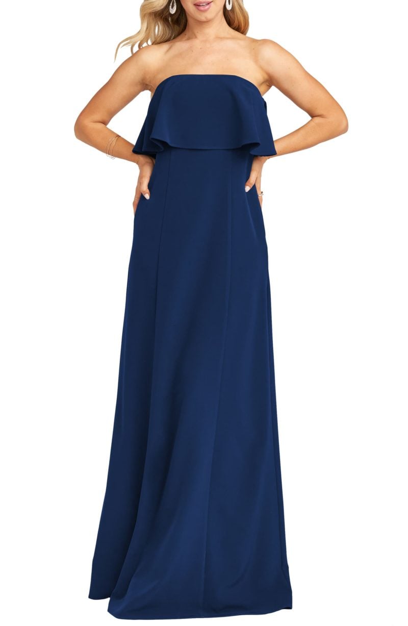 SHOW ME YOUR MUMU Monaco Strapless Ruffle Bodice Evening Gown Navy Blue strapless dresses women