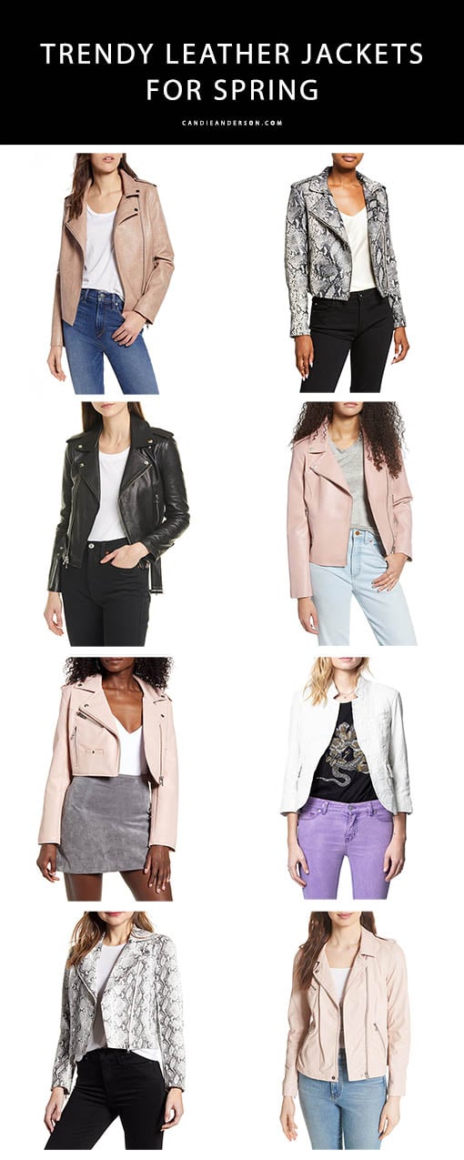 Style expert, journalist and fashion blogger Candie Anderson has the scoop on 24 trendy spring inspired leather jackets in a variety of styles from blazers to moto jackets and popular colors like tan, white, black, snake print/snake embossed, blush pink, blue and more.