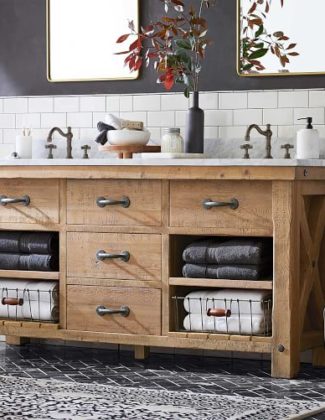 Pottery Barn Benchwright Double Sink Vanity – 72"​ Wax Pine farmhouse bathroom consoles