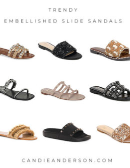 Slide sandals are a hot fashion trend for women of all ages. Style expert, journalist and fashion blogger Candie Anderson of candieanderson.com has the scoop on 16 flat embellished slide sandals in a variety of styles, colors and price ranges! They have the power to dress up the most casual outfit and will look great with joggers, distressed denim shorts, skirts, dresses, skinny jeans and more.