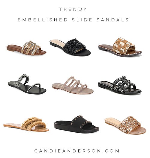 Slide sandals are a hot fashion trend for women of all ages. Style expert, journalist and fashion blogger Candie Anderson of candieanderson.com has the scoop on 16 flat embellished slide sandals in a variety of styles, colors and price ranges! They have the power to dress up the most casual outfit and will look great with joggers, distressed denim shorts, skirts, dresses, skinny jeans and more.
