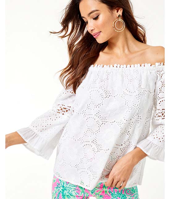 Lilly PUlitzer LAURENNE OFF-THE-SHOULDER TOP Resort White Jumbo Bouquet Eyelet sale