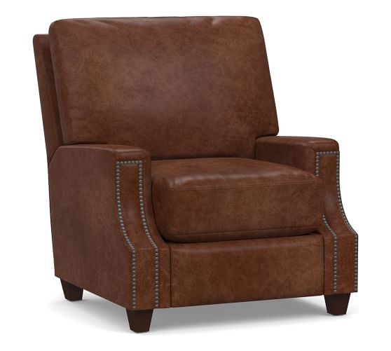 Pottery Barn James Square Leather Recliner Statesville Molasses premier sale 