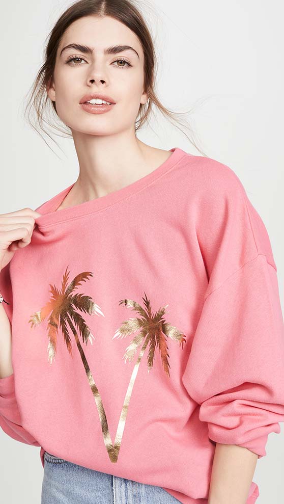 South Parade Palm Sweatshirt Bubble Gum Pink Gold palm trees