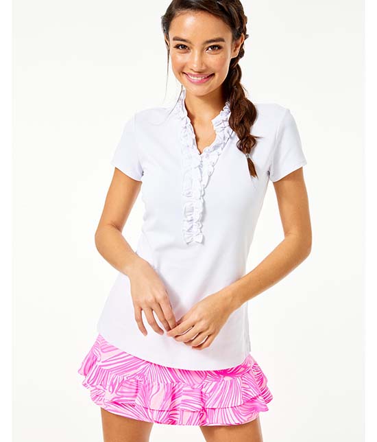 UPF 50+ LUXLETIC FRIDA RUFFLE POLO TOP Resort White Lilly Pulitzer sale