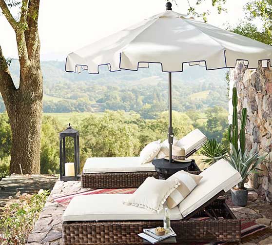 Pottery Barn 9' Round Capri Outdoor Umbrella – Sunbrella® Natural with Navy Piping patio umbrellas 