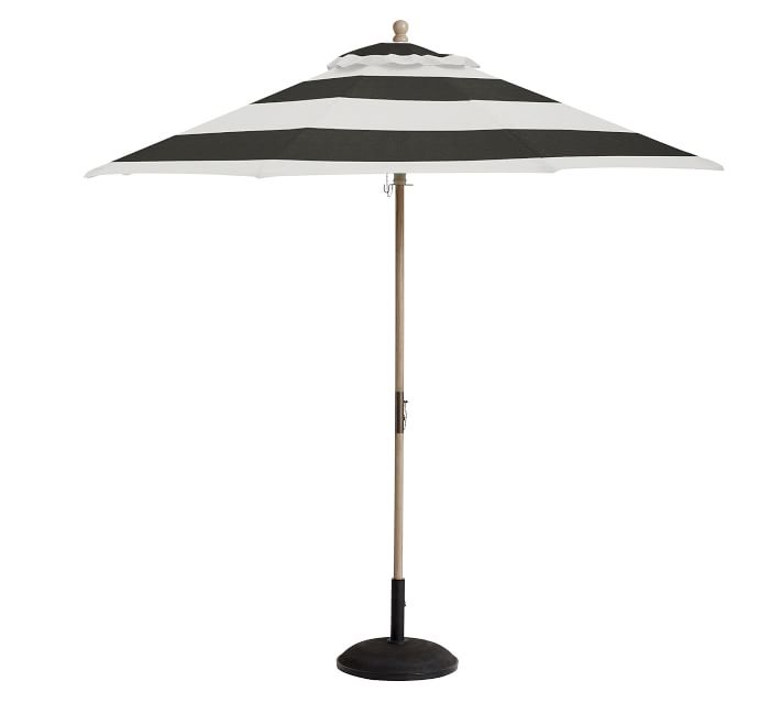 Pottery Barn 9' Round Outdoor Umbrella – FSC® Eucalyptus Frame​ Sunbrella Stripe Black White patio umbrellas