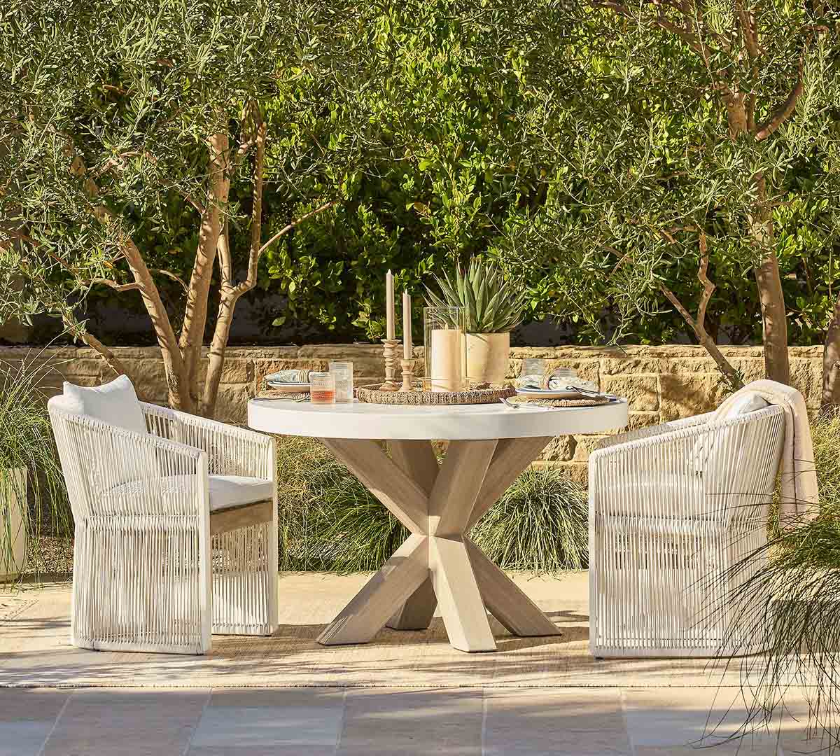 Pottery Barn Abbott Round Outdor Dining Table + Chair Set pottery barn outdoor dining tables sale
