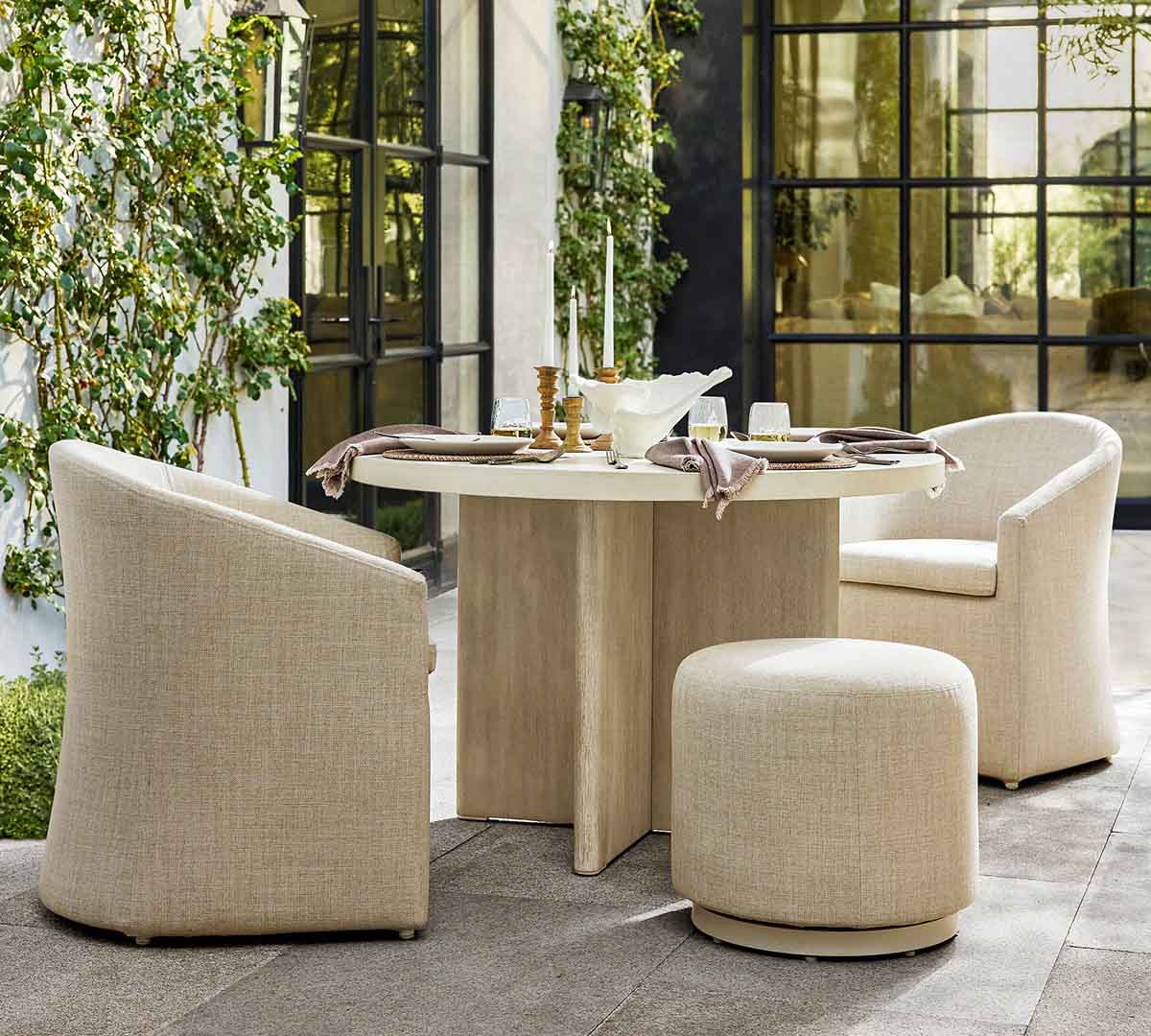 Pottery Barn Cayman Concrete & Eucalyptus Round Outdoor Dining Table (48) best pottery barn outdoor dining tables sale