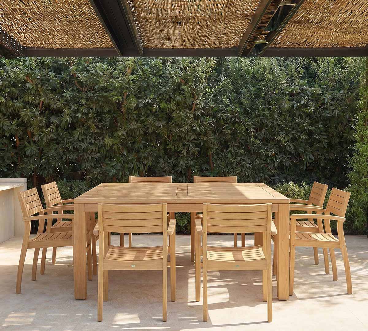 Pottery Barn Saldano 9-Piece Teak Square Outdoor Dining Table with Monza Stackable Dining Armchair Set best pottery barn outdoor dining tables sale