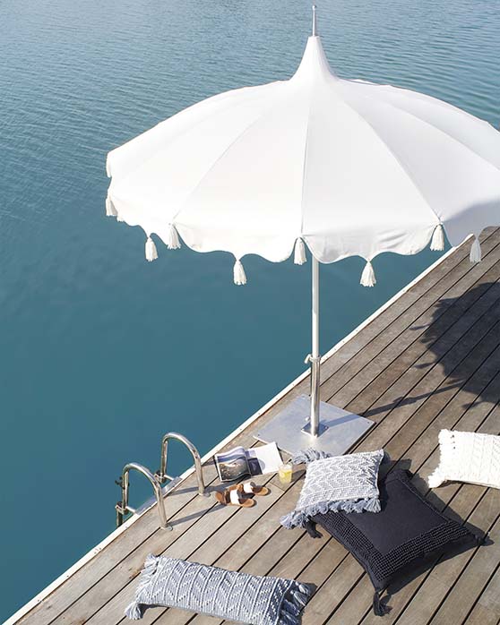 Serena and Lily Alicante Tassel Umbrella Sunbrella White patio umbrellas