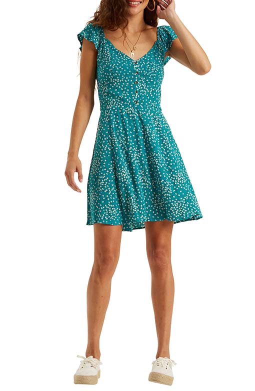 Billabong Forever Yours Minidress Seagreen flowers confetti flutter sleeve skirt summer barbecues dresses