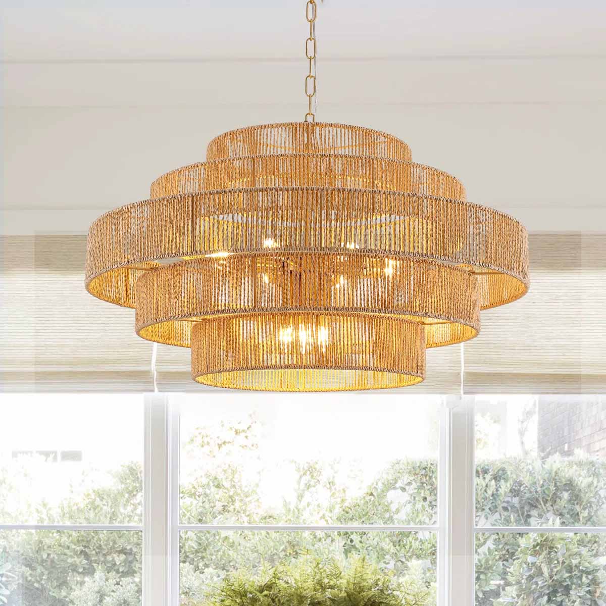 Dakota Fields 12 - Light Dimmable Hand-Woven Rattan Tiered Chandelier best coastal lighting
