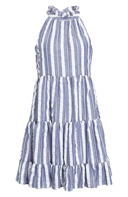Eliza J Stripe Ruffle Tiered Seersucker Sundress Blue white affordable high neck classic summer women style fashion