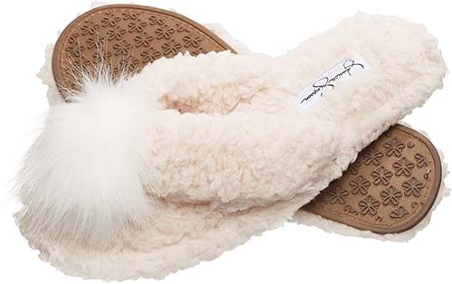 Jessica Simpson Women's Fluffy Pom Thong House Slide on Slippers with Memory Foam Ivory open toe slippers women
