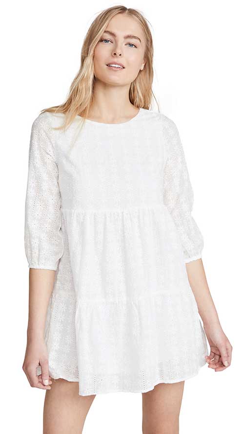 Line & Dot Embroidered Babydoll Dress White tiered dresses summer casual daisy flowers round neckline style women