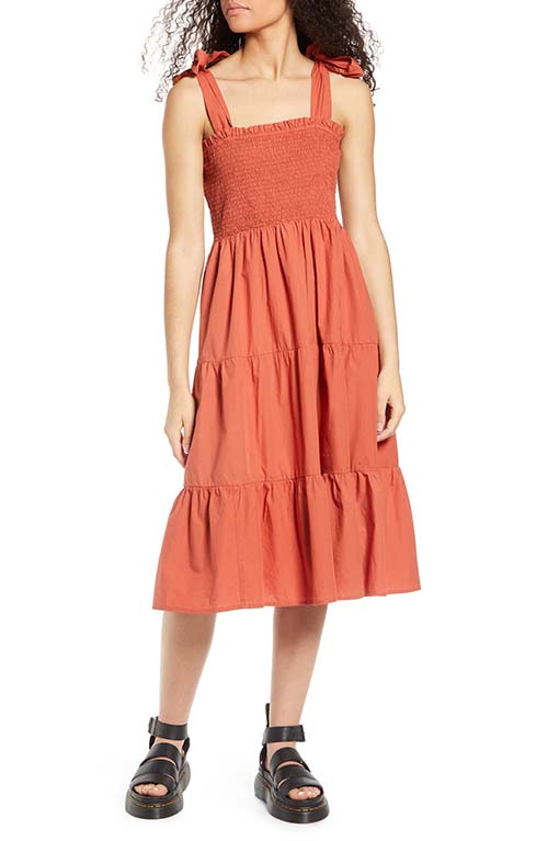 ONLY Maggie Tie Strap Tiered Sundress Hot Sauce Coral Burnt Umber dresses women casual smocking summer