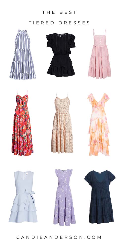 Style expert, journalist and fashion blogger Candie Anderson of candieanderson.com has the scoop on 22 of the best tiered dresses and sundresses for women of all ages this summer! You'll love the blue and white stripes, tropical florals, classic black, lace, eyelet, trendy eyelet, ladylike dainty flowers and more! They're perfect for every occasion this summer and fall too. You can dress them up or down easily and effortlessly.