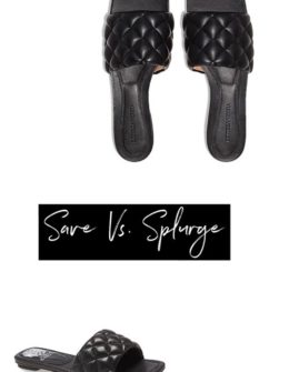 Style expert, journalist and fashion blogger Candie Anderson of Candieanderson.com has the scoop on the gorgeous black Bottega Veneta quilted slide sandals, and a much more budget friendly version that is on sale for under $100.
