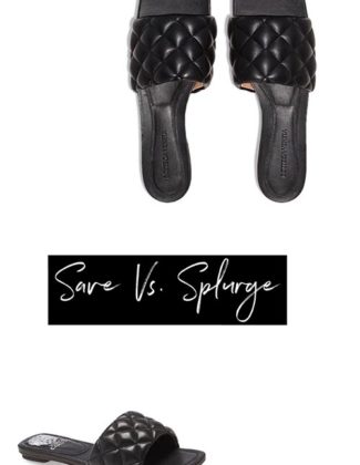 Style expert, journalist and fashion blogger Candie Anderson of Candieanderson.com has the scoop on the gorgeous black Bottega Veneta quilted slide sandals, and a much more budget friendly version that is on sale for under $100.