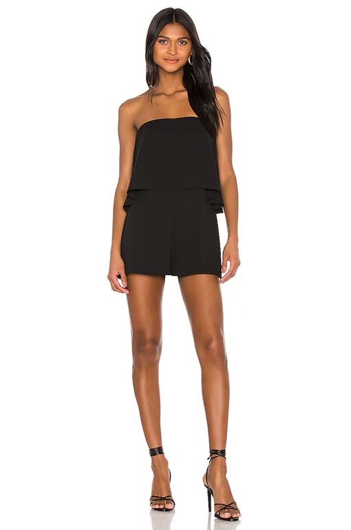 Amanda Uprichard Topanga Strapless Romper Black Flounce overlay rompers 