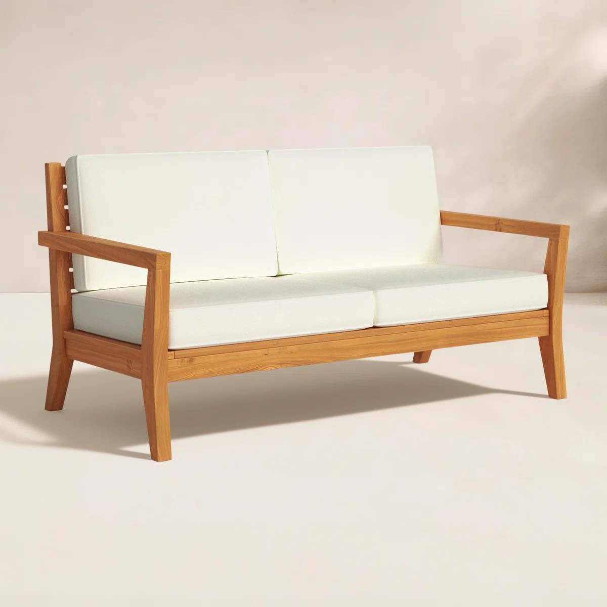 Ebern Designs Echols Outdoor Solid Teak Wood 2-Person Sofa with Cushions best outdoor teak sofas